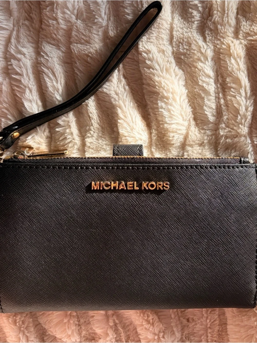 Michael Kors Black Leather Wristlet with Gold Logo